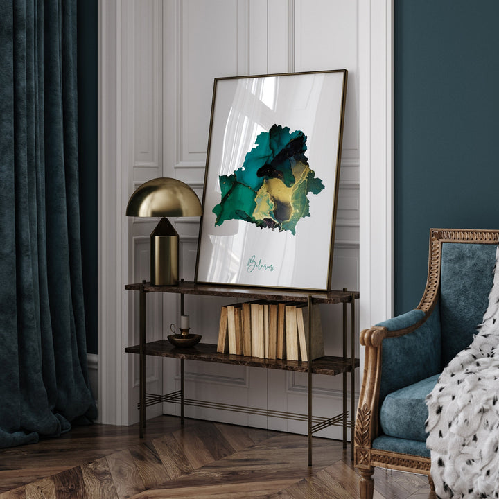 Belarus Map Emerald Green and Gold Wall Art Print