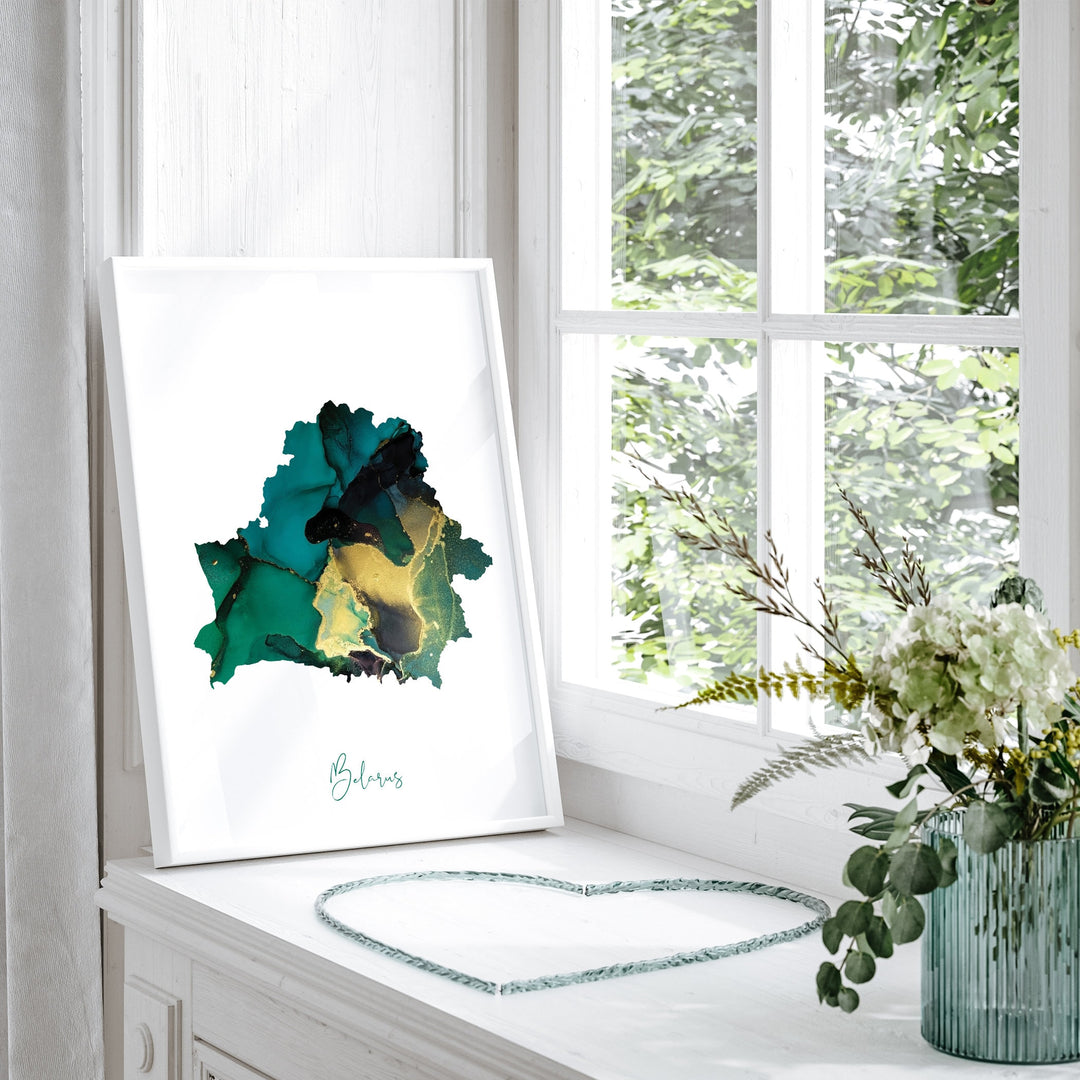 Belarus Map Emerald Green and Gold Wall Art Print