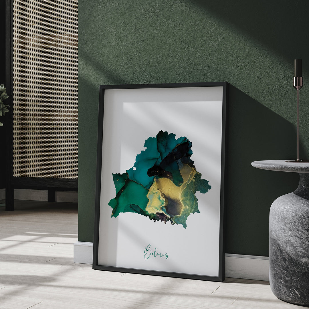 Belarus Map Emerald Green and Gold Wall Art Print