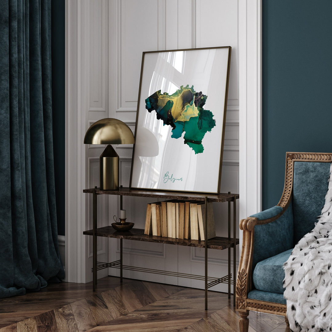 Belgium Map Emerald Green and Gold Wall Art Print