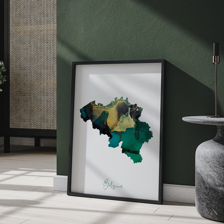 Belgium Map Emerald Green and Gold Wall Art Print