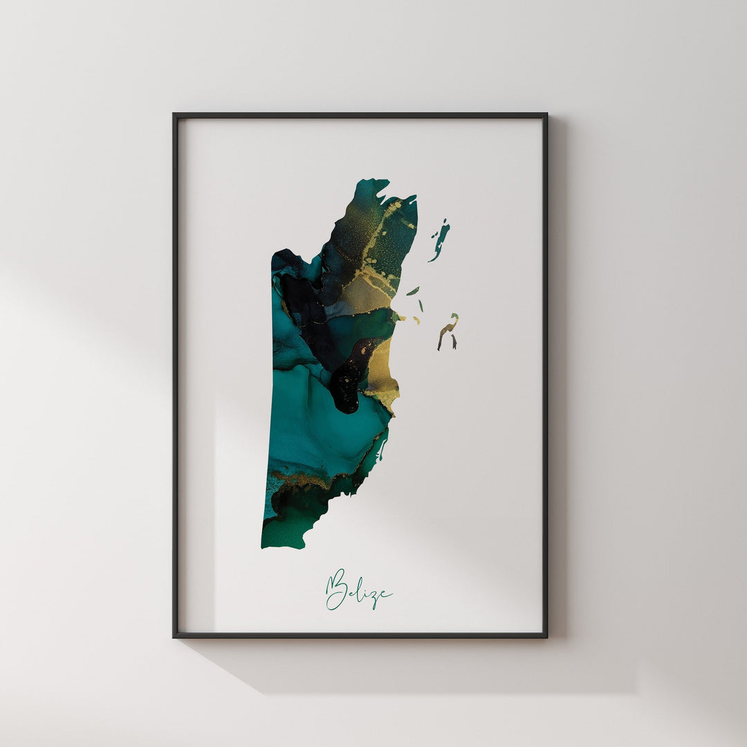 Belize Map Emerald Green and Gold Wall Art Print