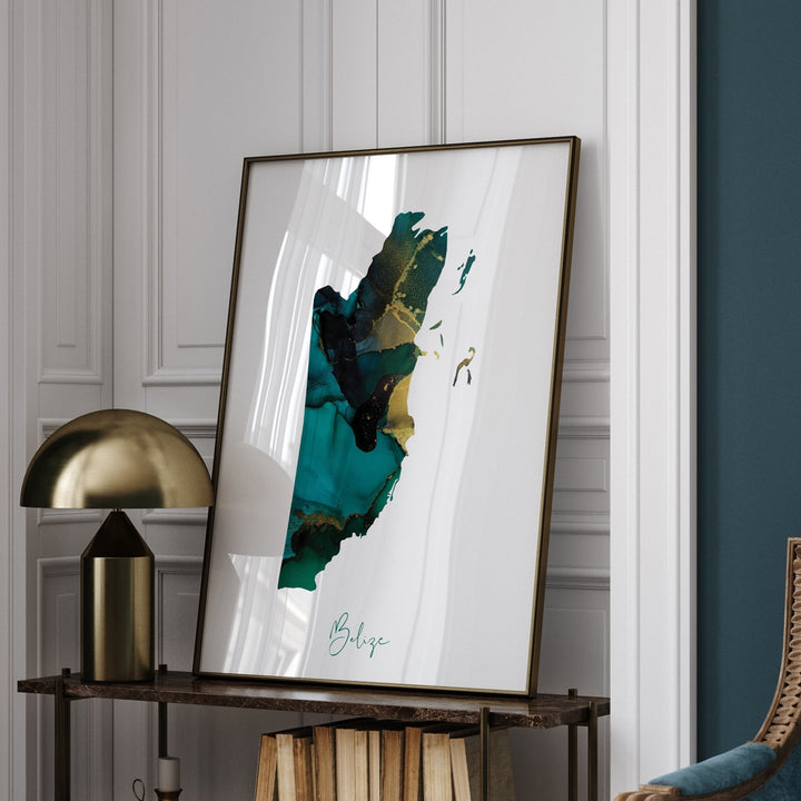 Belize Map Emerald Green and Gold Wall Art Print