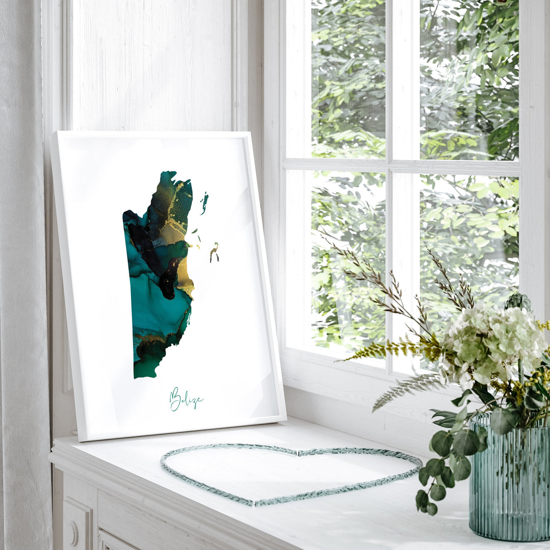 Belize Map Emerald Green and Gold Wall Art Print