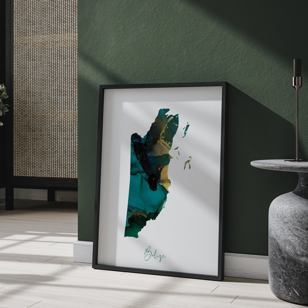Belize Map Emerald Green and Gold Wall Art Print