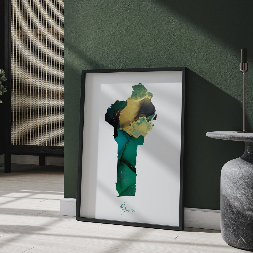 Benin Map Emerald Green and Gold Wall Art Print