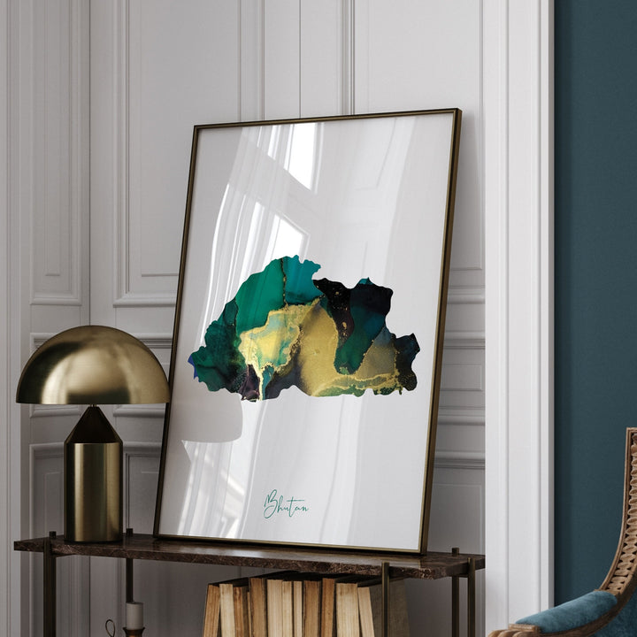 Bhutan Map Emerald Green and Gold Wall Art Print