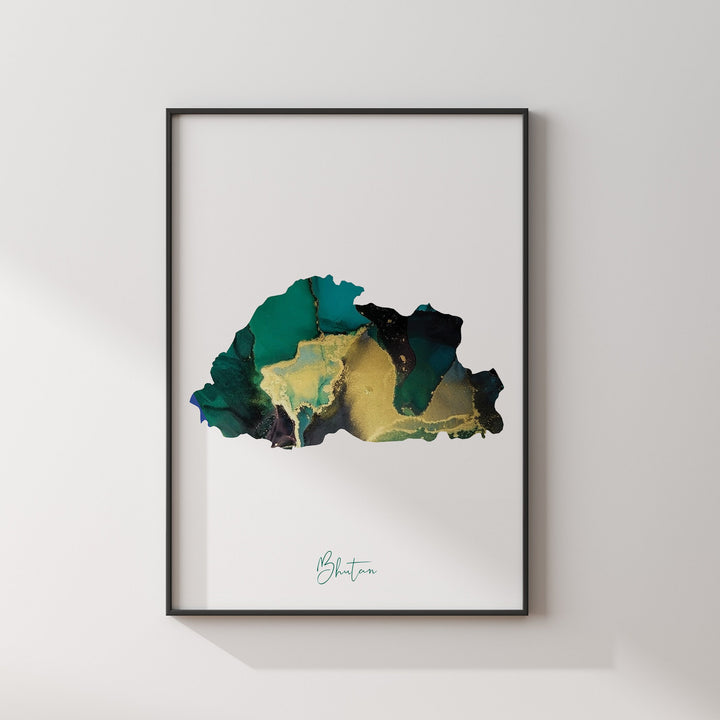 Bhutan Map Emerald Green and Gold Wall Art Print