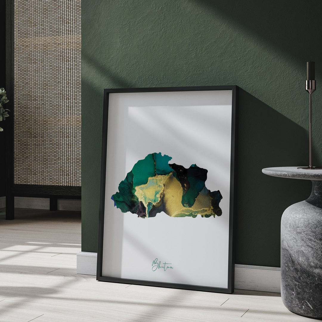 Bhutan Map Emerald Green and Gold Wall Art Print