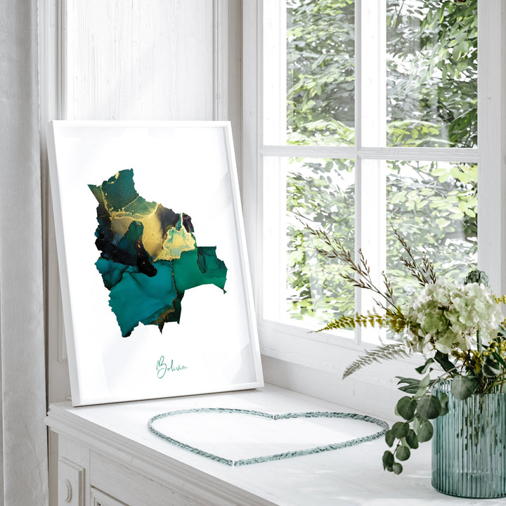 Bolivia Map Emerald Green and Gold Wall Art Print