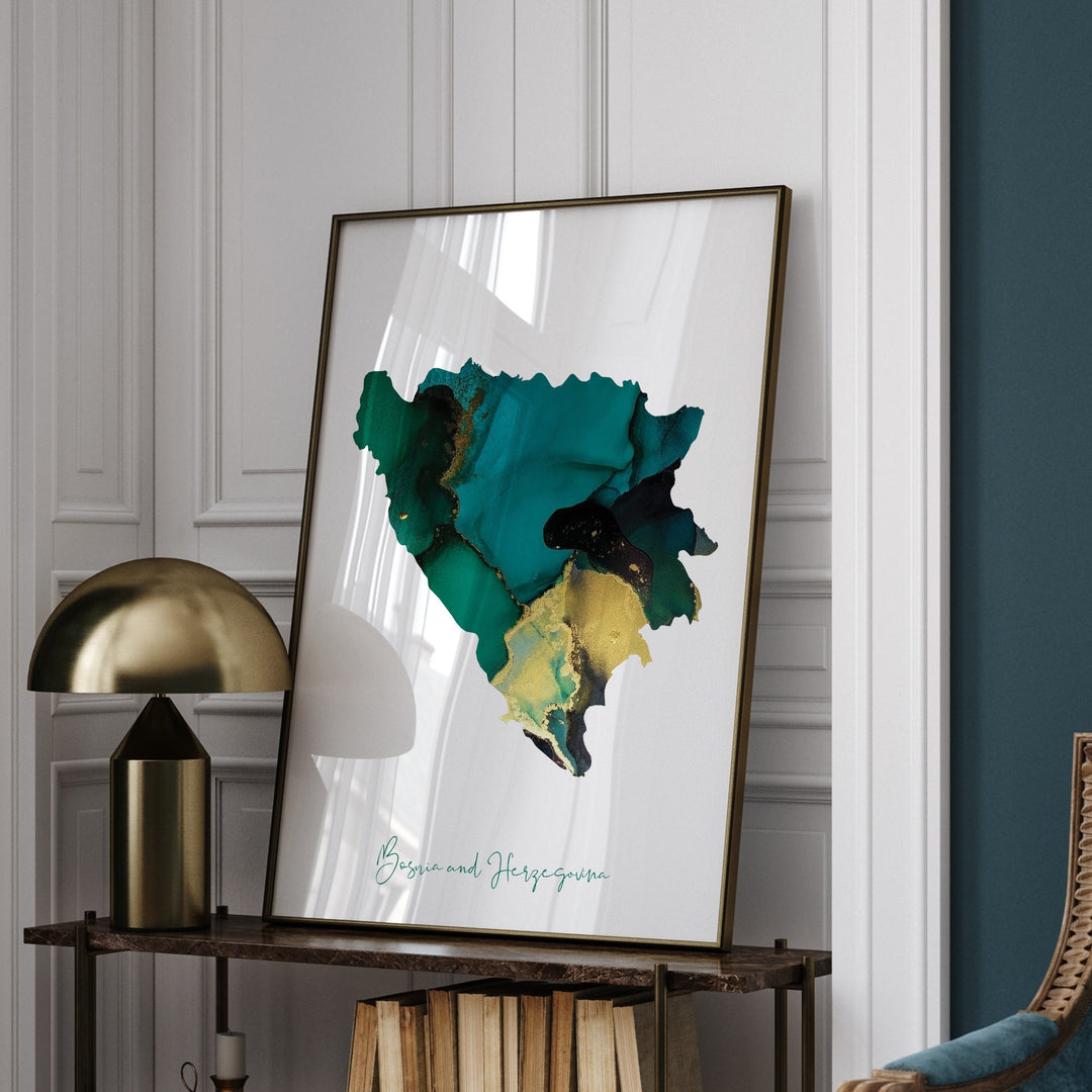 Bosnia and Herzegovina Map Emerald Green and Gold Wall Art Print