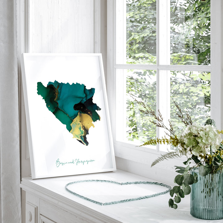 Bosnia and Herzegovina Map Emerald Green and Gold Wall Art Print