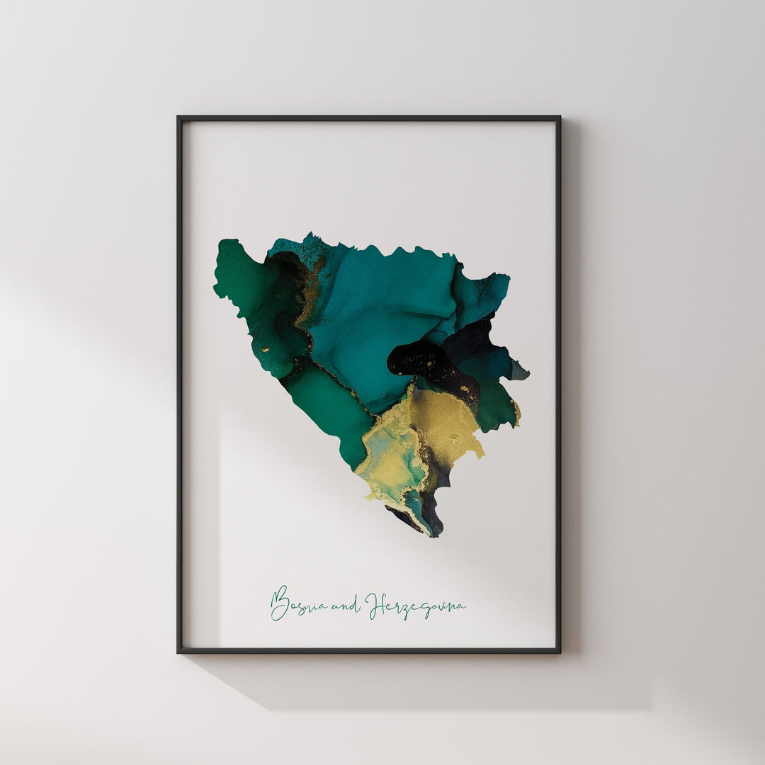 Bosnia and Herzegovina Map Emerald Green and Gold Wall Art Print