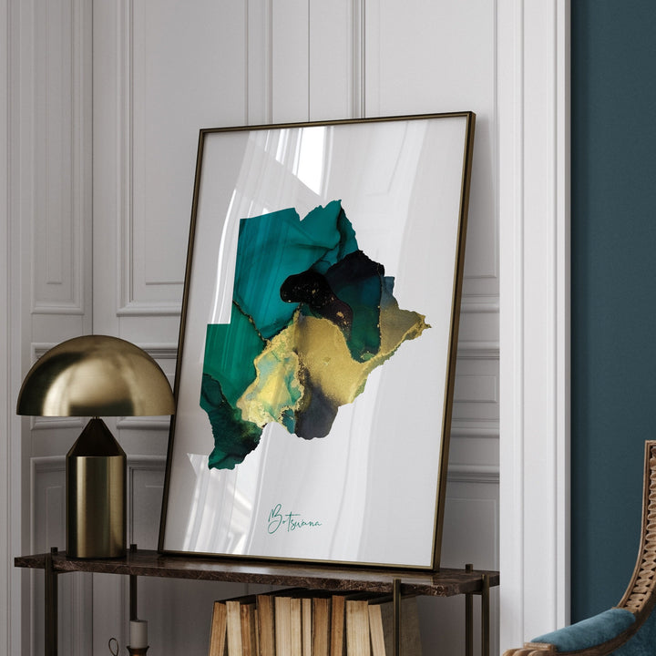 Botswana Map Emerald Green and Gold Wall Art Print