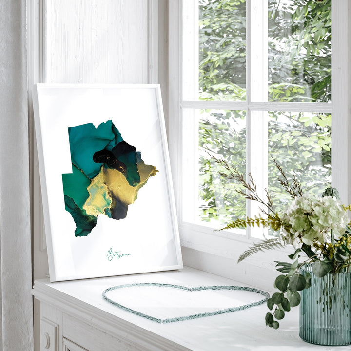 Botswana Map Emerald Green and Gold Wall Art Print