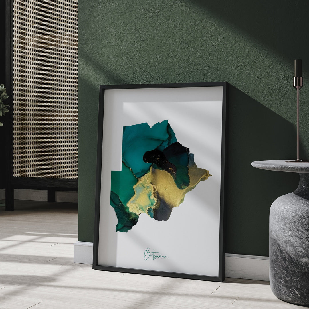 Botswana Map Emerald Green and Gold Wall Art Print