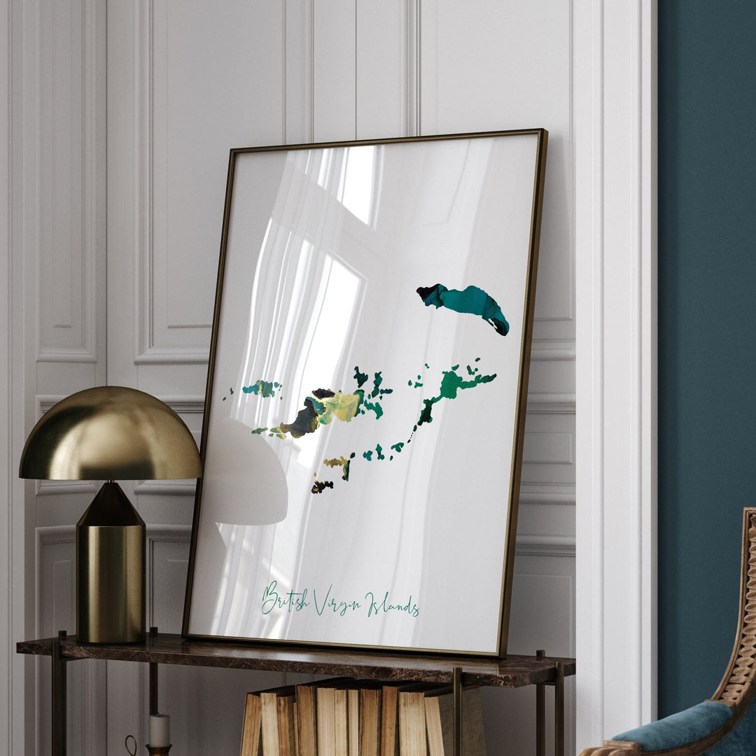 British Virgin Islands Map Emerald Green and Gold Wall Art Print