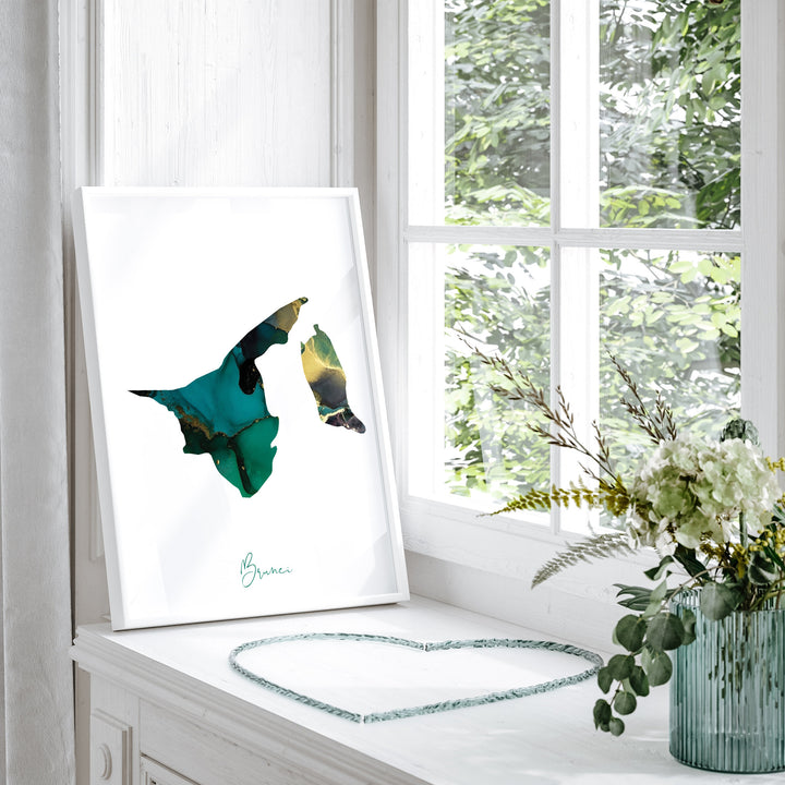 Brunei Map Emerald Green and Gold Wall Art Print