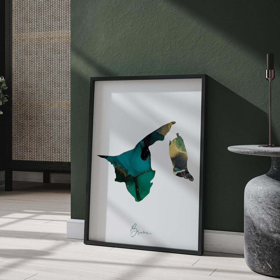 Brunei Map Emerald Green and Gold Wall Art Print
