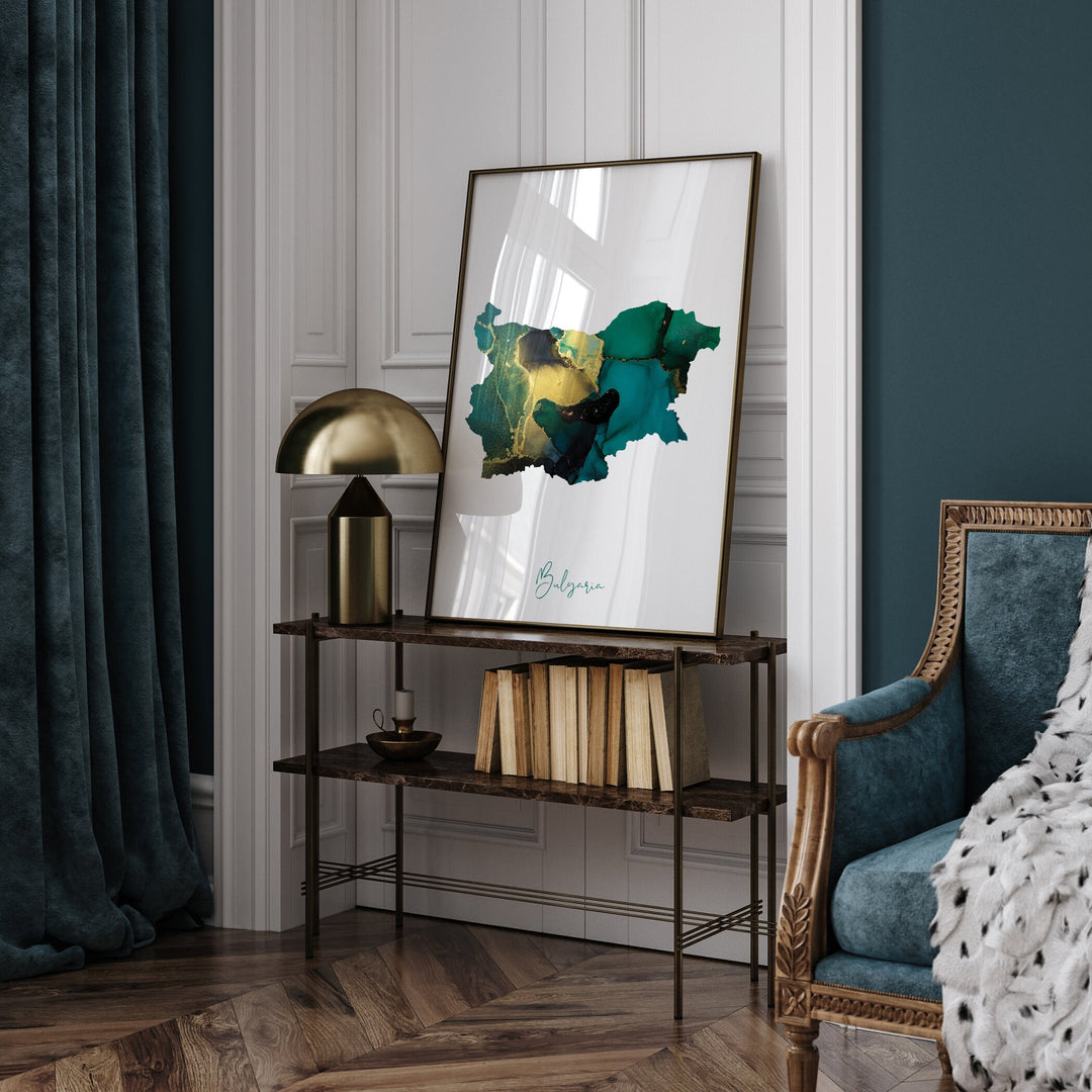 Bulgaria Map Emerald Green and Gold Wall Art Print