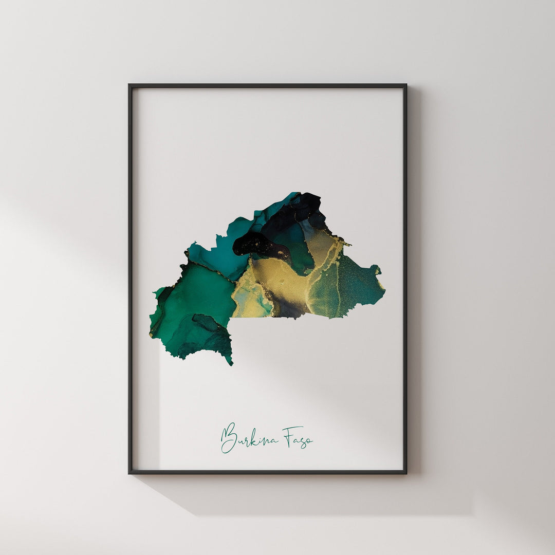 Burkina Faso Map Emerald Green and Gold Wall Art Print