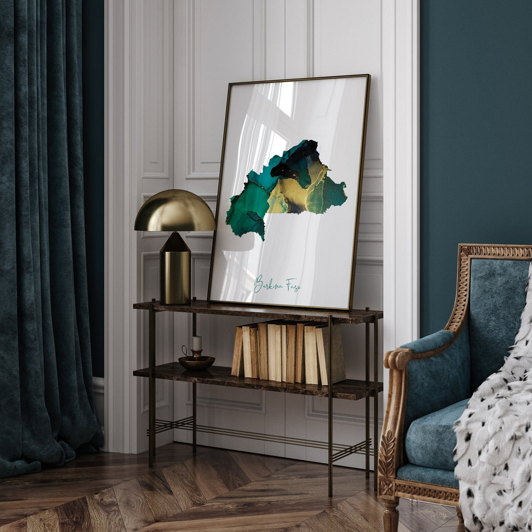 Burkina Faso Map Emerald Green and Gold Wall Art Print