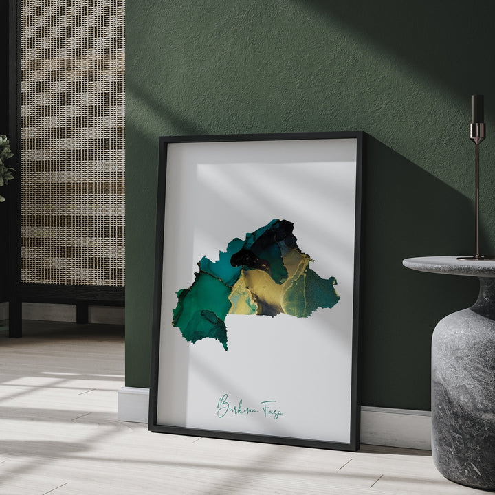 Burkina Faso Map Emerald Green and Gold Wall Art Print