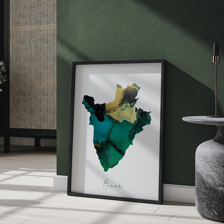 Burundi Map Emerald Green and Gold Wall Art Print