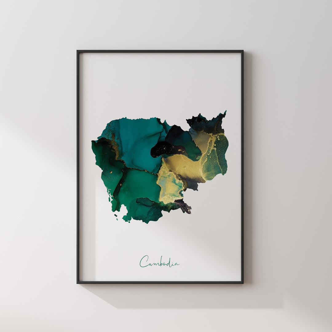 Cambodia Map Emerald Green and Gold Wall Art Print