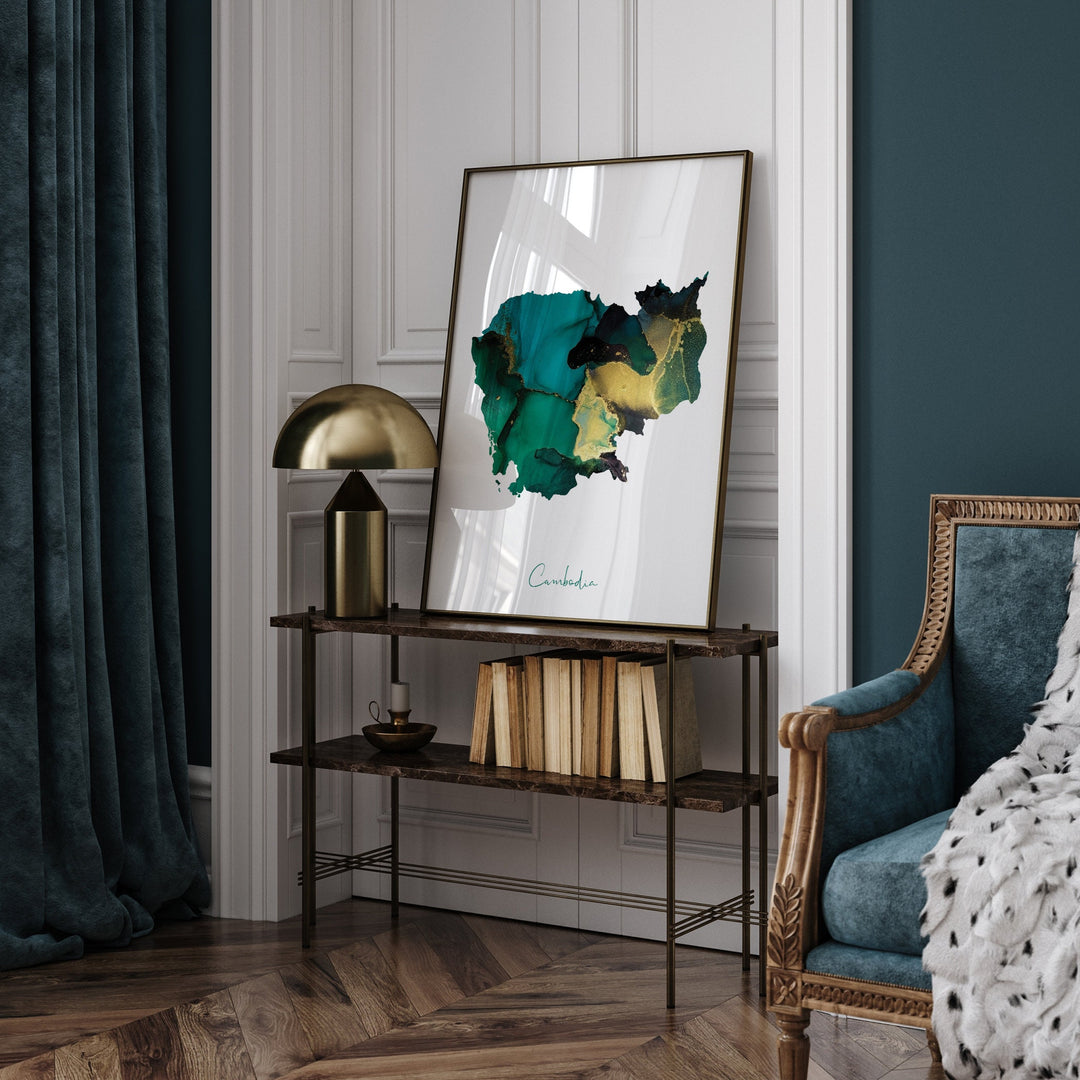 Cambodia Map Emerald Green and Gold Wall Art Print