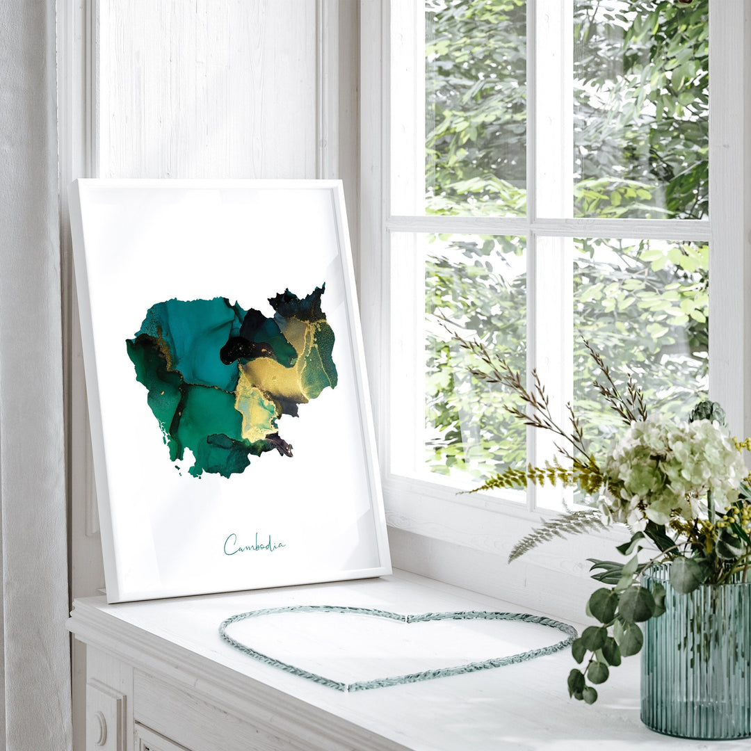 Cambodia Map Emerald Green and Gold Wall Art Print