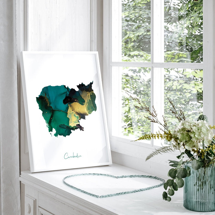 Cambodia Map Emerald Green and Gold Wall Art Print