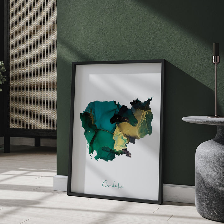 Cambodia Map Emerald Green and Gold Wall Art Print