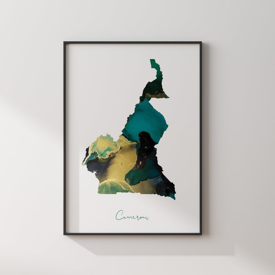 Cameroon Map Emerald Green and Gold Wall Art Print