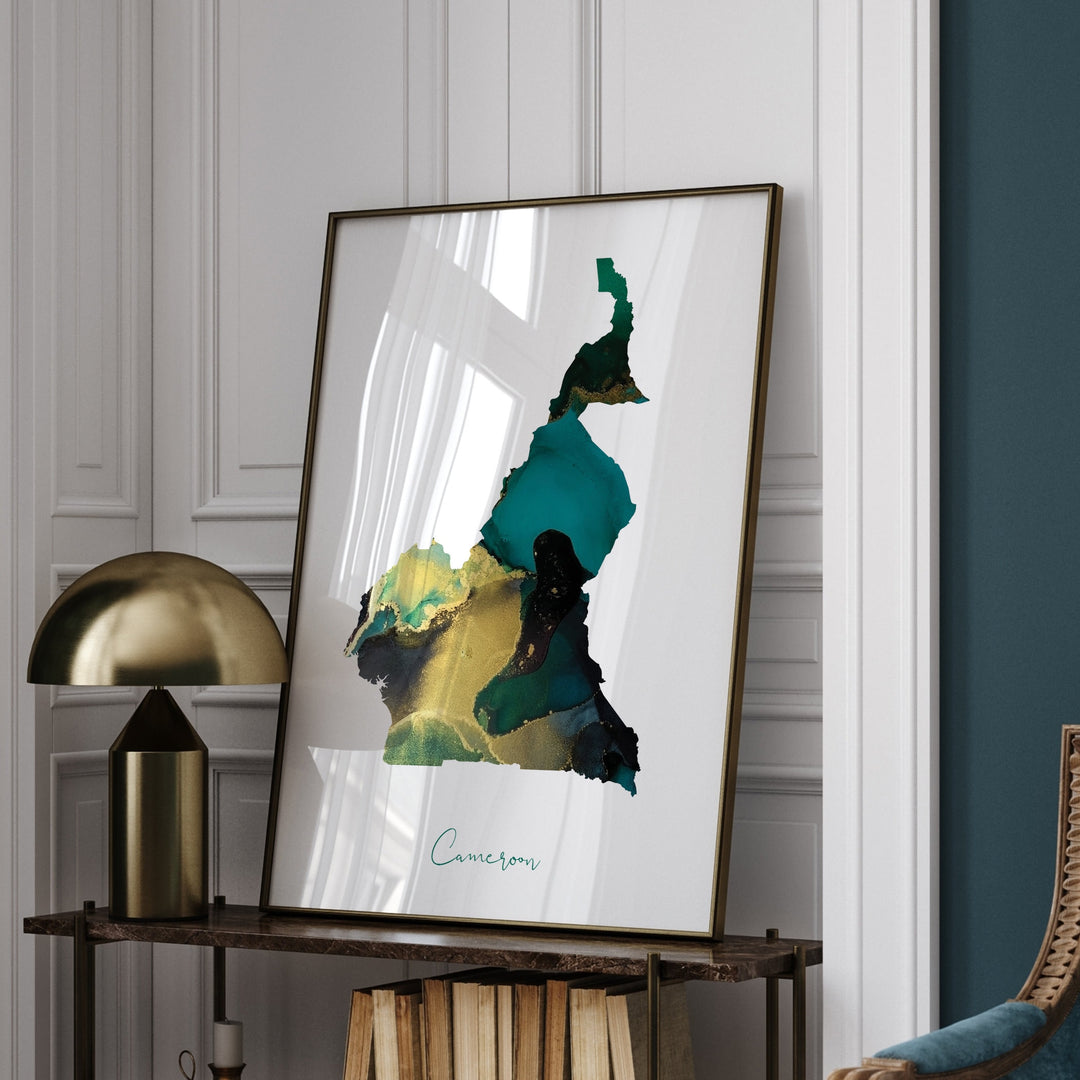 Cameroon Map Emerald Green and Gold Wall Art Print
