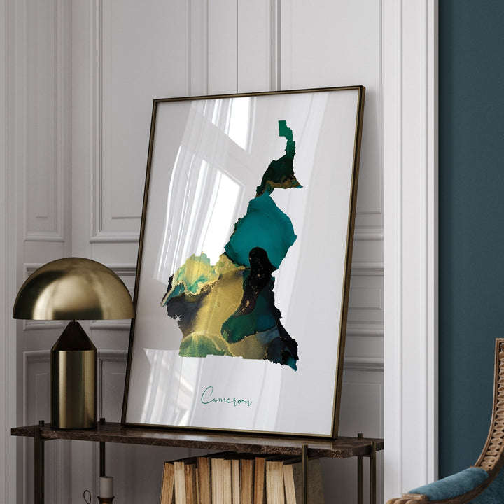 Cameroon Map Emerald Green and Gold Wall Art Print