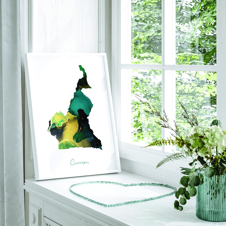 Cameroon Map Emerald Green and Gold Wall Art Print