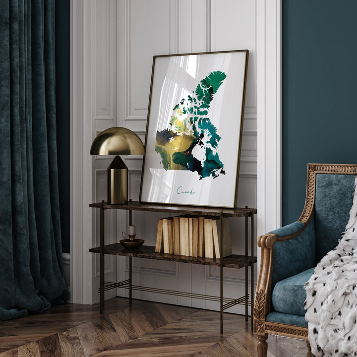 Canada Map Emerald Green and Gold Wall Art Print
