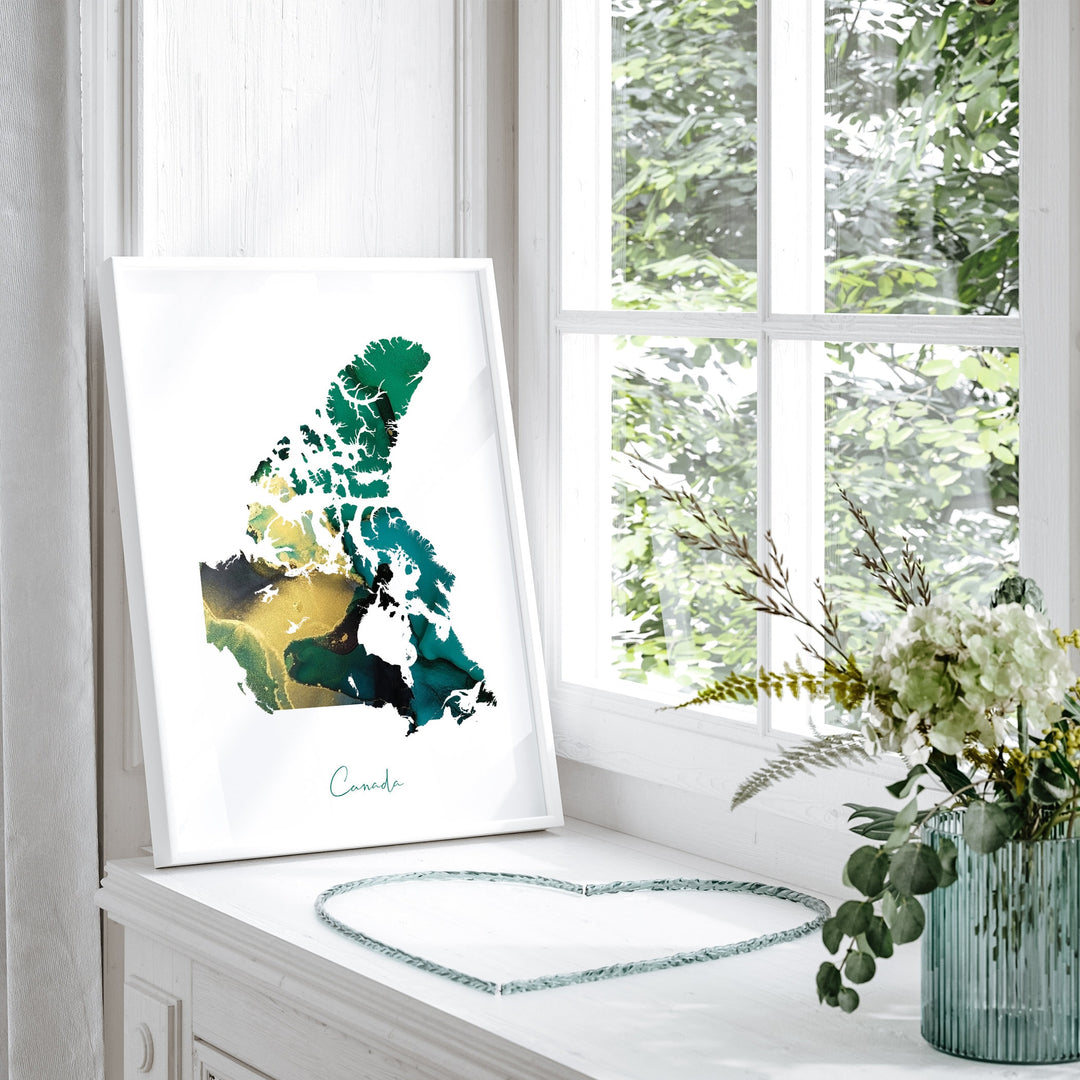 Canada Map Emerald Green and Gold Wall Art Print