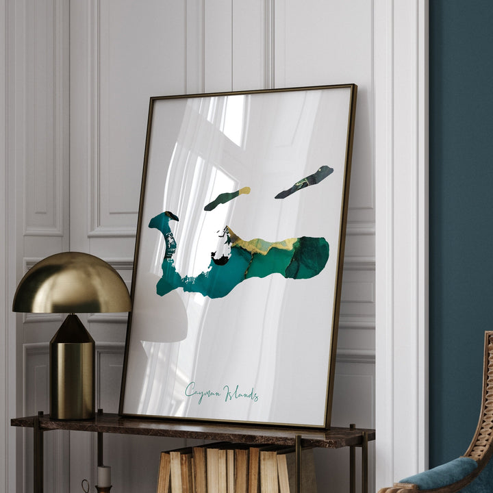 Cayman Islands Map Emerald Green and Gold Wall Art Print