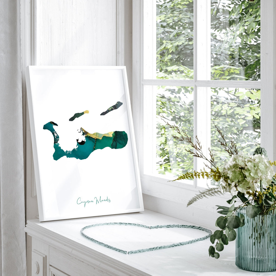 Cayman Islands Map Emerald Green and Gold Wall Art Print