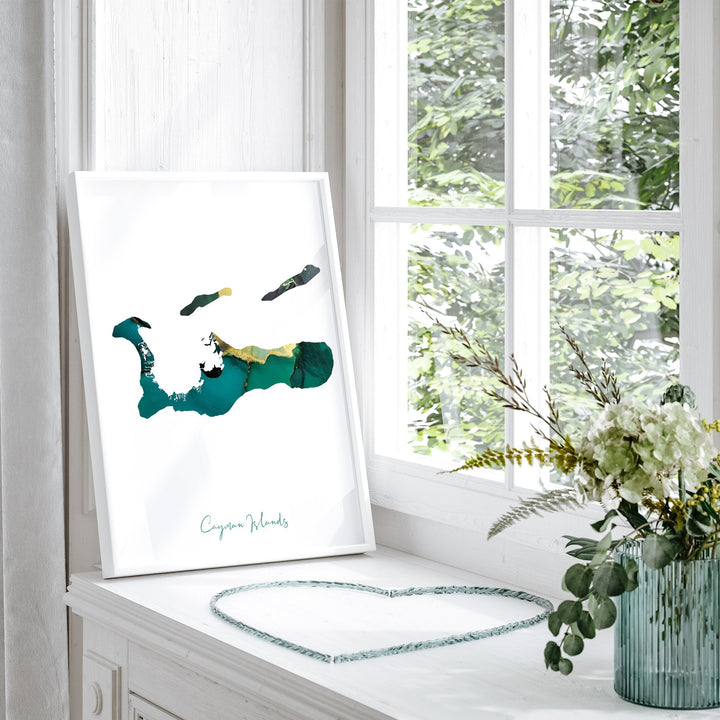 Cayman Islands Map Emerald Green and Gold Wall Art Print