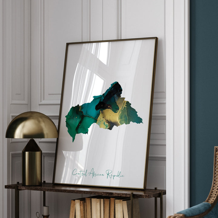 Central African Republic Map Emerald Green and Gold Wall Art Print