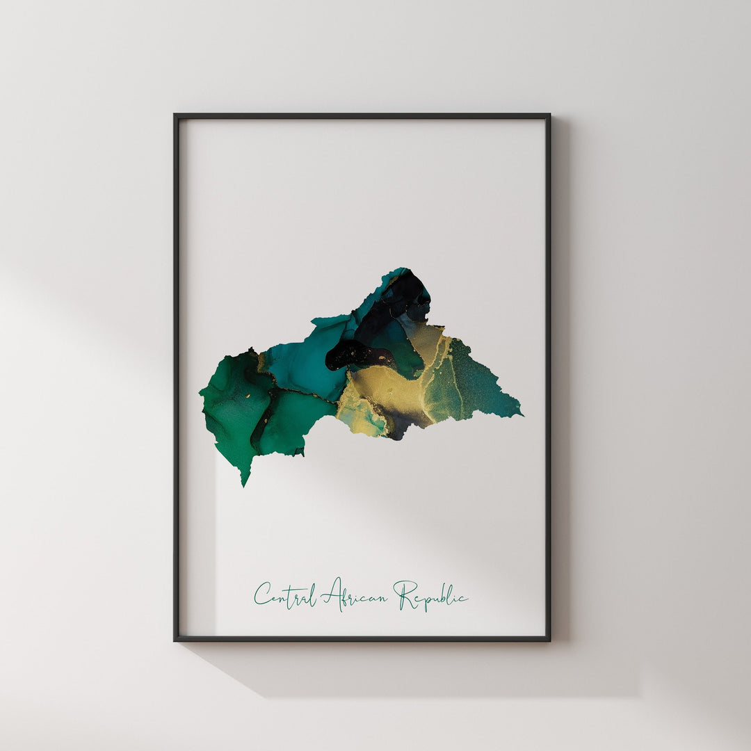 Central African Republic Map Emerald Green and Gold Wall Art Print