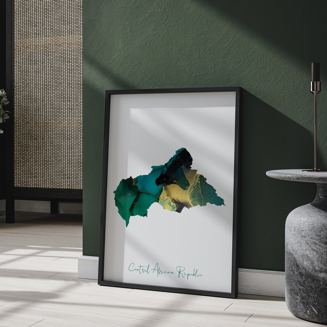 Central African Republic Map Emerald Green and Gold Wall Art Print