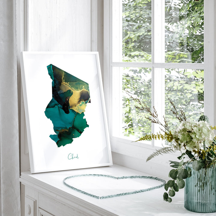 Chad Map Emerald Green and Gold Wall Art Print