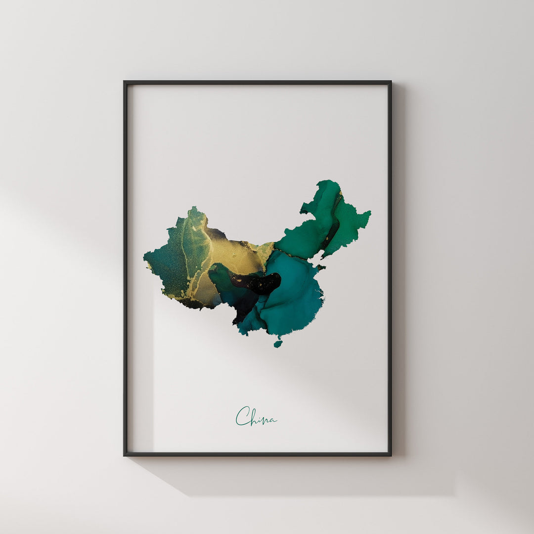China Map Emerald Green and Gold Wall Art Print
