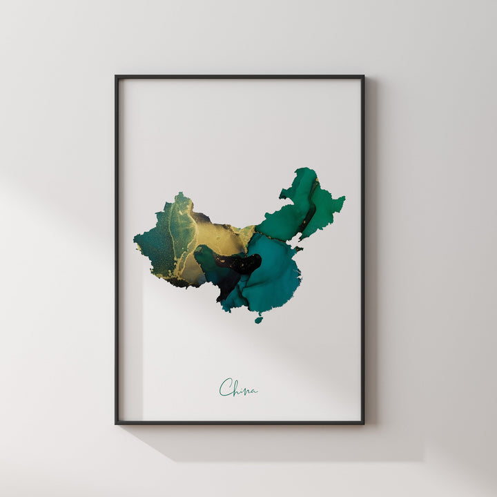 China Map Emerald Green and Gold Wall Art Print