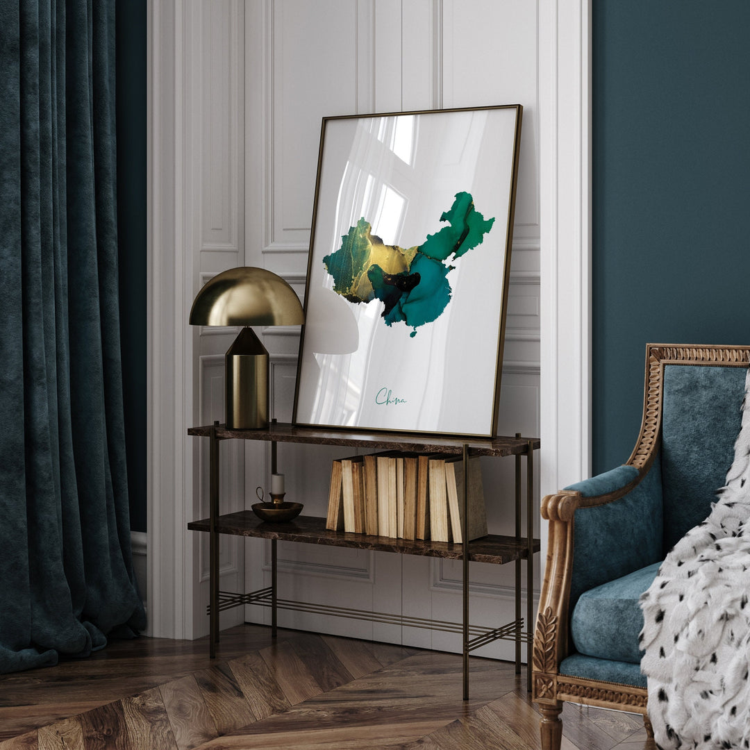 China Map Emerald Green and Gold Wall Art Print