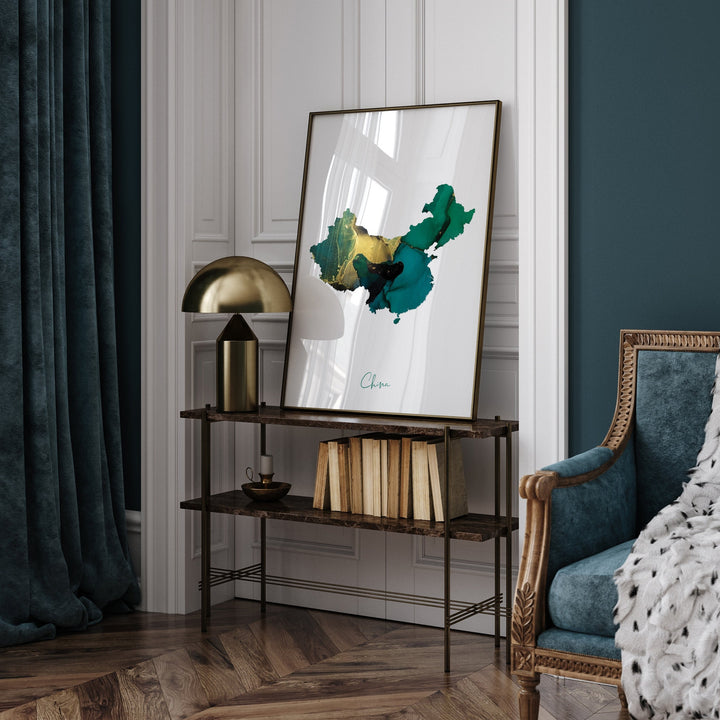 China Map Emerald Green and Gold Wall Art Print